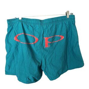 Vtg 80-90s OP Ocean‎ Pacific Swim Trunks Shorts M Surf Spellout Turquoise Flaw